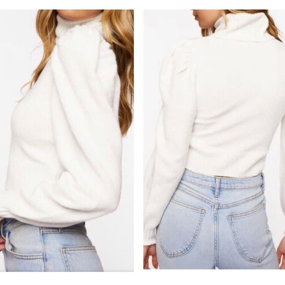 French Connection Babysoft Cropped Puff Sleeve Turtleneck Jumper Sweater White